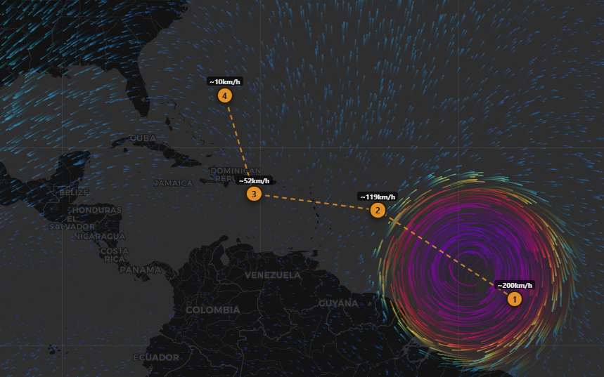 A typhoon following waypoints across the map